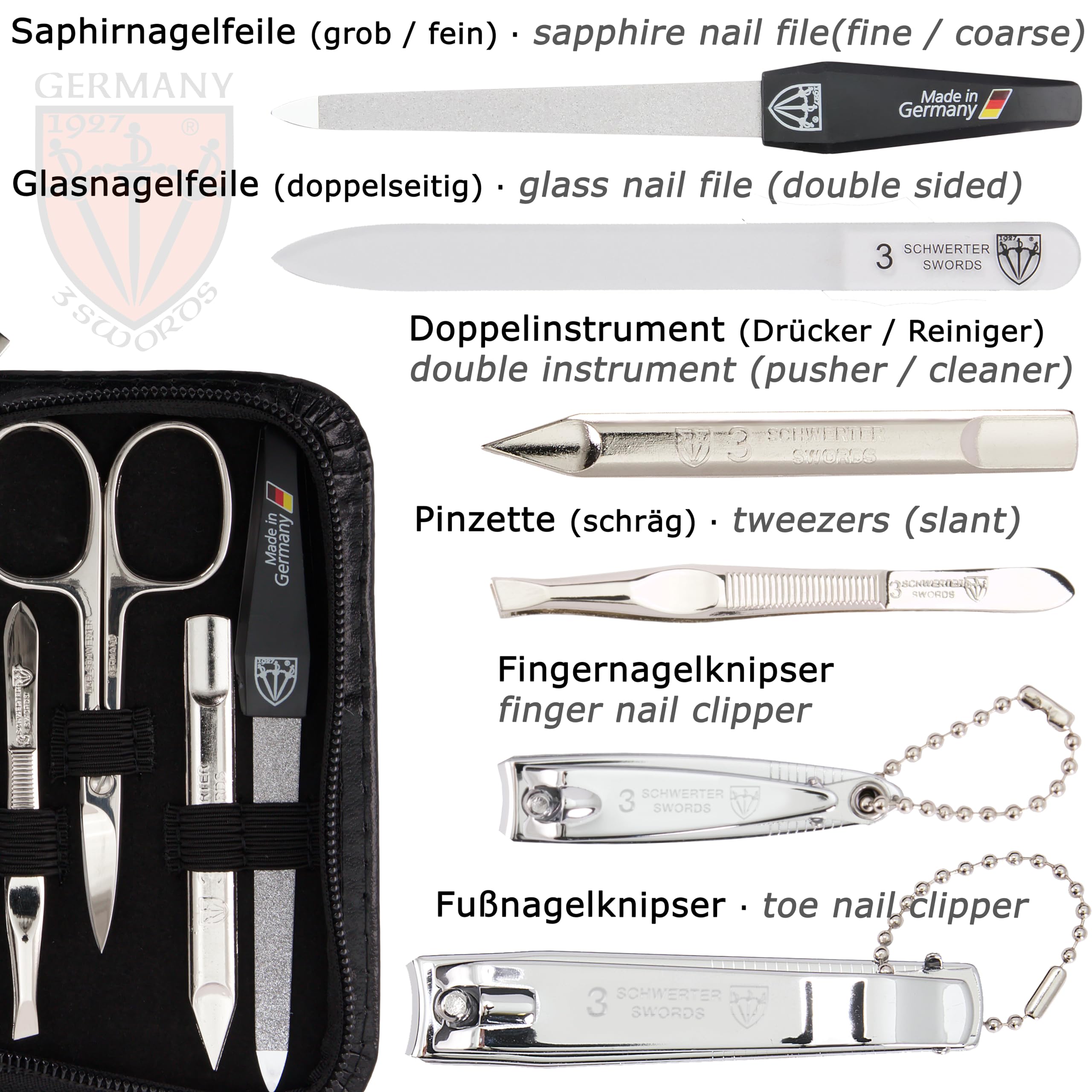3 Swords - 8 Piece Manicure & Pedicure Kit, made of high quality artificial leather in black, Quality: Made in Solingen/Germany